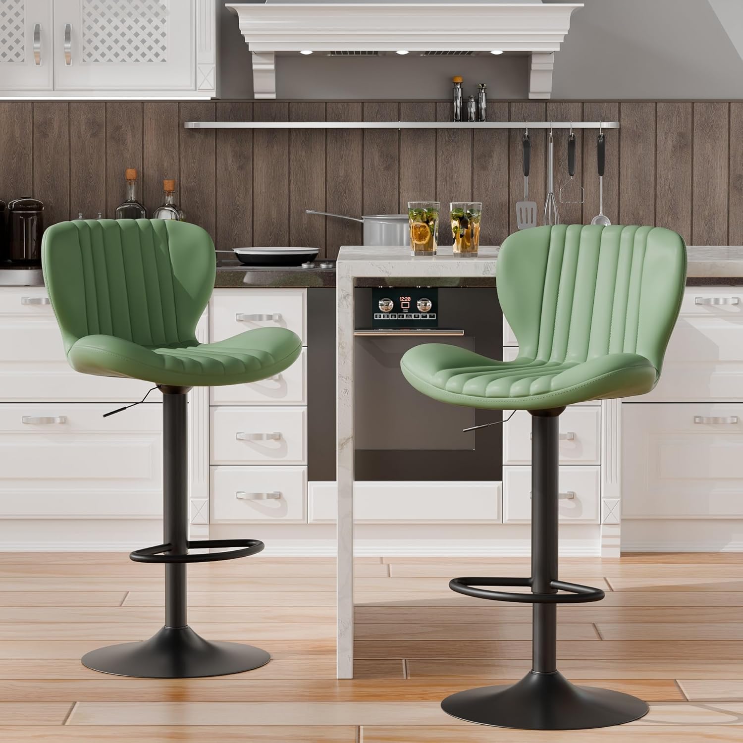 Shintenchi Bar Stools Set of 4 Modern Swivel Bar Chairs, Counter Height Faux Leather Metal Barstools, Upholstered Island Chairs with Back and Footrest, Coffee