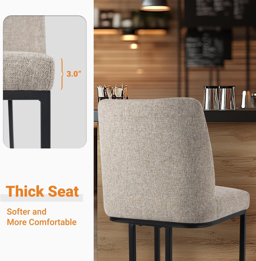 Counter Height Bar Stools Set of 2, 24 Inch Seat Height Bar Chairs for Kitchen Island, Fabric Upholstered Barstools with Metal Feet for Dining Room, Sand Color