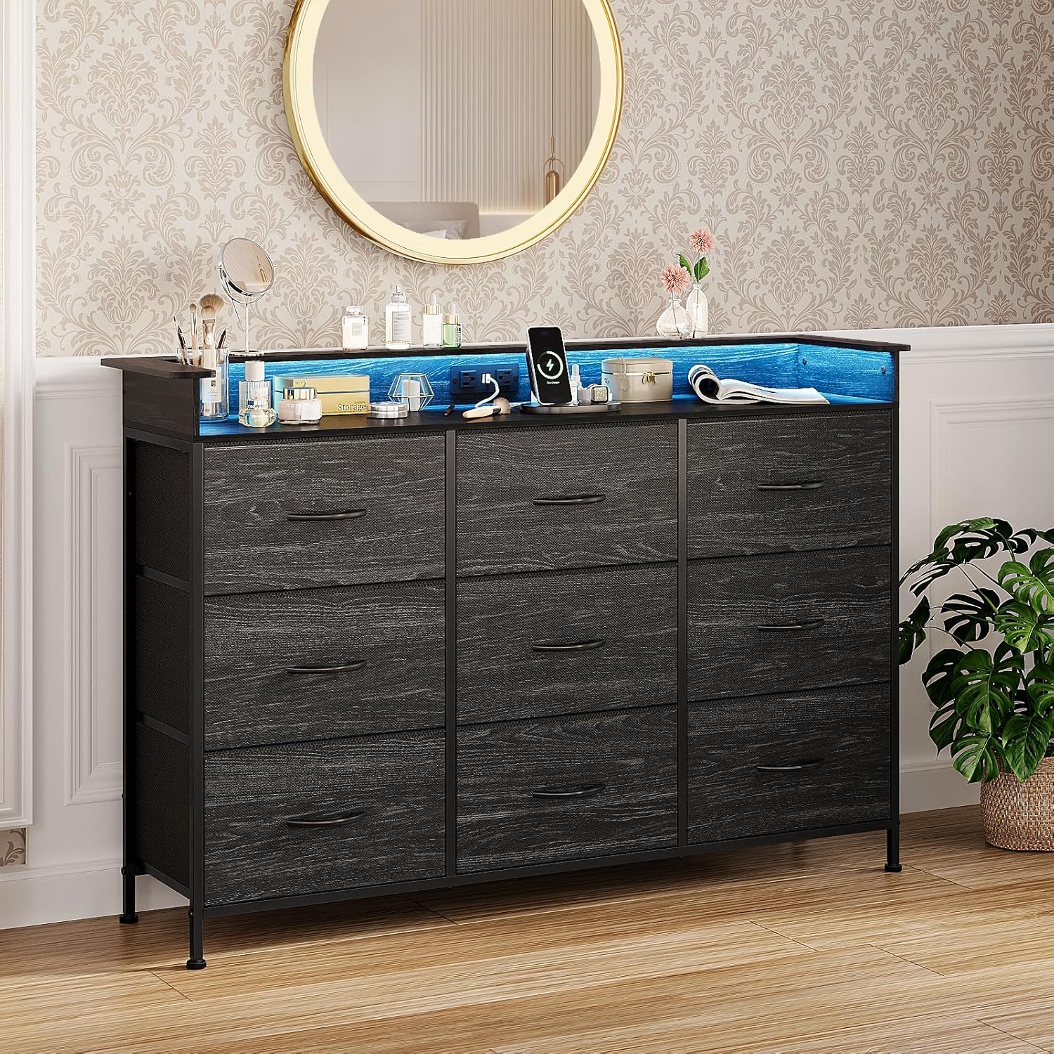 EXOTICA White Dresser with LED Light for Bedroom 9 Drawer Dressers with Charging Station Chests of Drawers for Entryway Closet Living Room Hallway Sturdy Steel Frame Wooden Top Easy Pull Handle