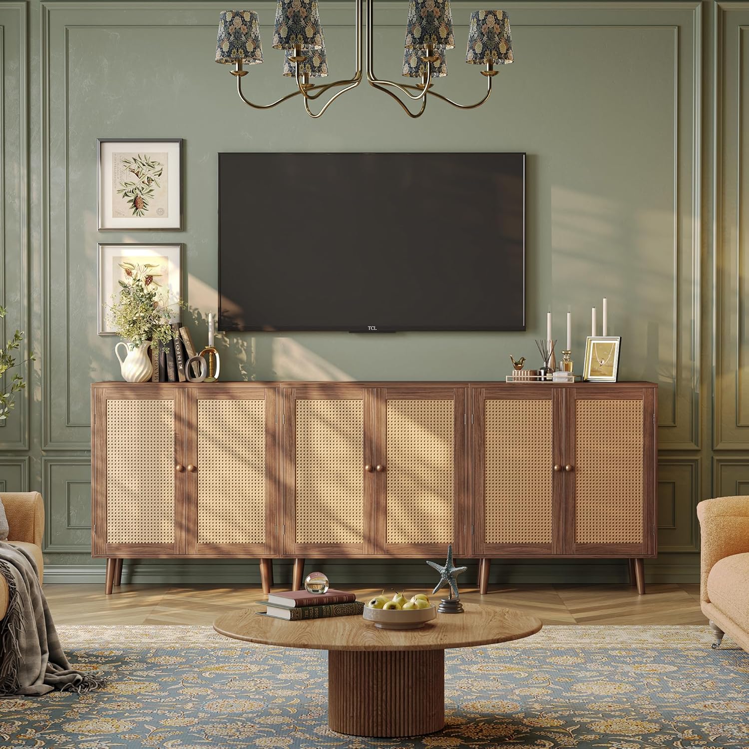 Huuger Buffet Cabinet with Storage, Storage Cabinet with PE Rattan Decor Doors, Accent Sideboard Buffet with Solid Wood Feet, for Hallway, Entry, Living Room, Natural