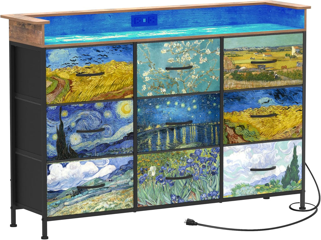 EXOTICA White Dresser with LED Light for Bedroom 9 Drawer Dressers with Charging Station Chests of Drawers for Entryway Closet Living Room Hallway Sturdy Steel Frame Wooden Top Easy Pull Handle