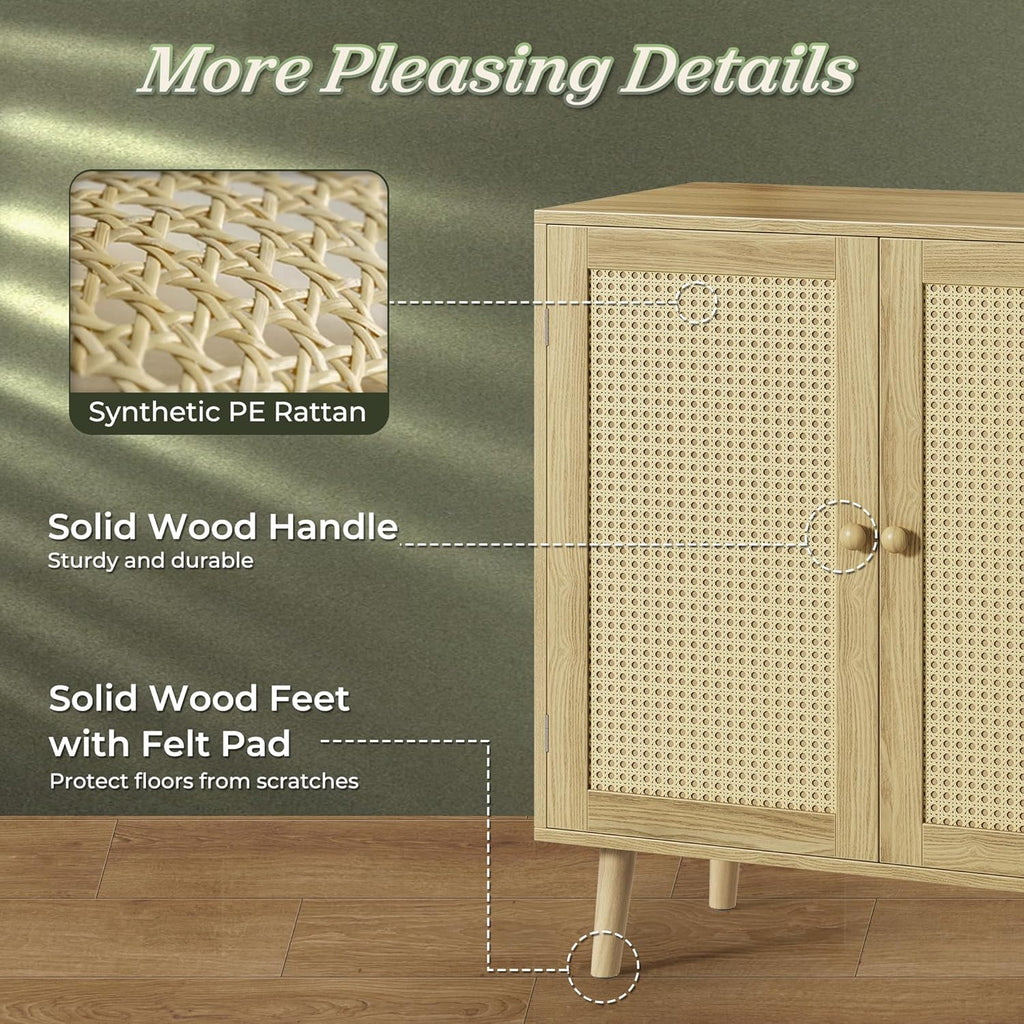 Huuger Buffet Cabinet with Storage, Storage Cabinet with PE Rattan Decor Doors, Accent Sideboard Buffet with Solid Wood Feet, for Hallway, Entry, Living Room, Natural