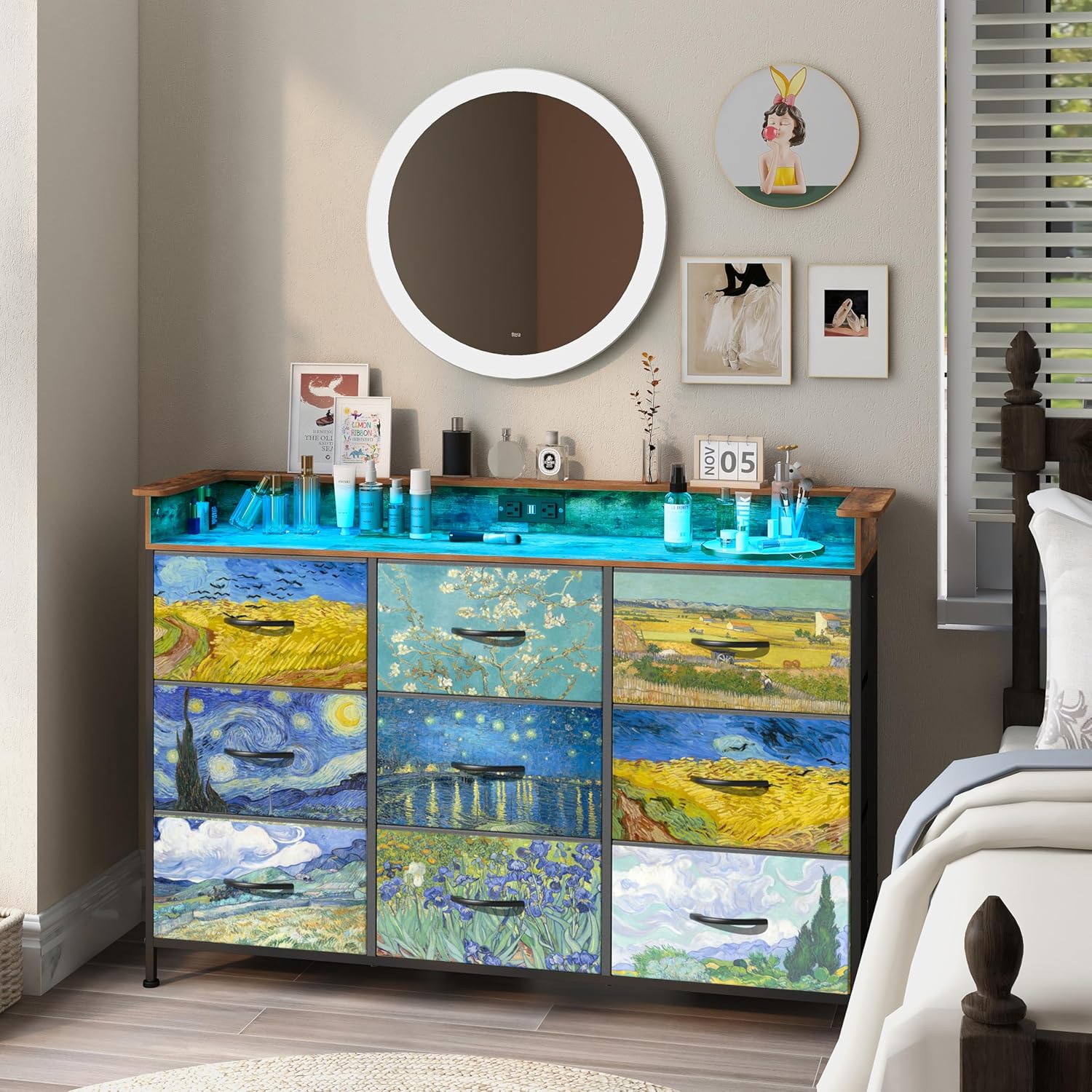 EXOTICA White Dresser with LED Light for Bedroom 9 Drawer Dressers with Charging Station Chests of Drawers for Entryway Closet Living Room Hallway Sturdy Steel Frame Wooden Top Easy Pull Handle