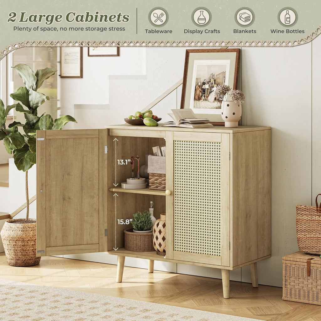 Huuger Buffet Cabinet with Storage, Storage Cabinet with PE Rattan Decor Doors, Accent Sideboard Buffet with Solid Wood Feet, for Hallway, Entry, Living Room, Natural