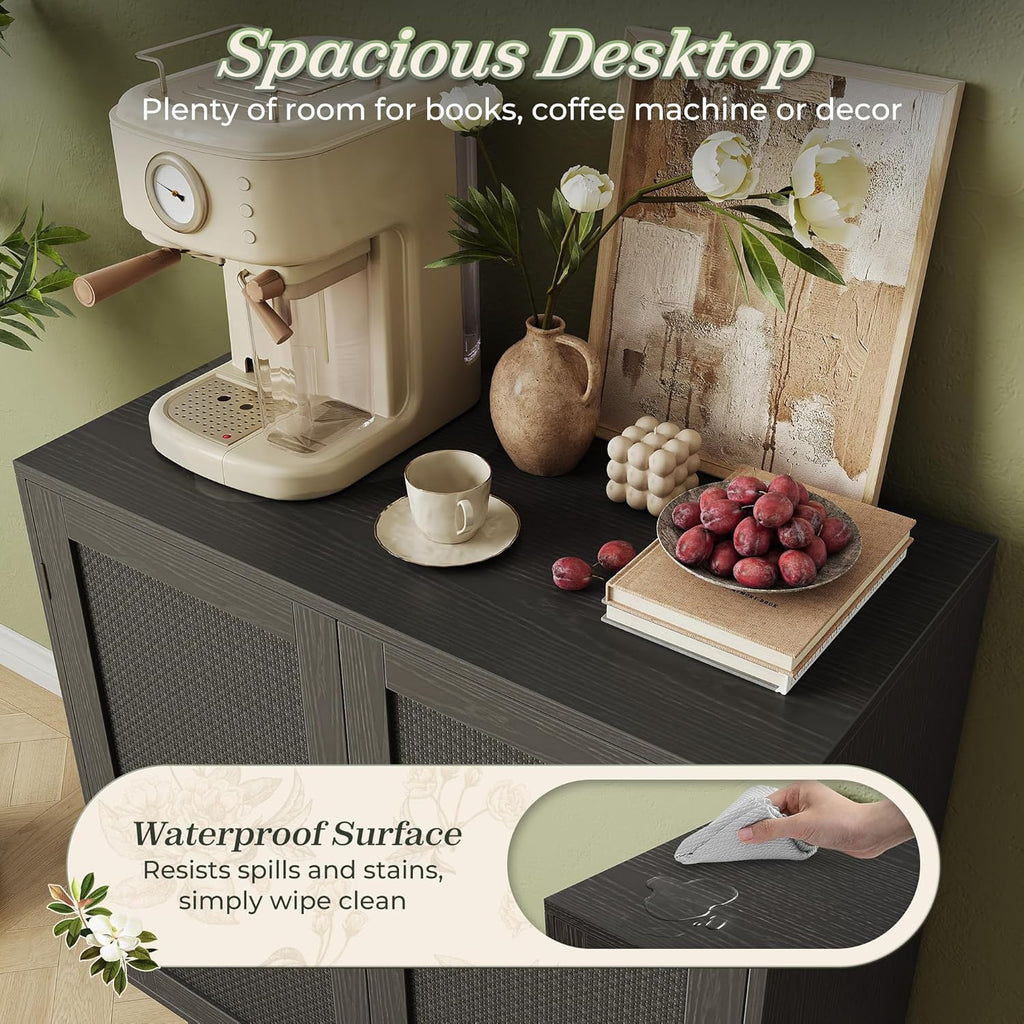 Huuger Buffet Cabinet with Storage, Storage Cabinet with PE Rattan Decor Doors, Accent Sideboard Buffet with Solid Wood Feet, for Hallway, Entry, Living Room, Natural