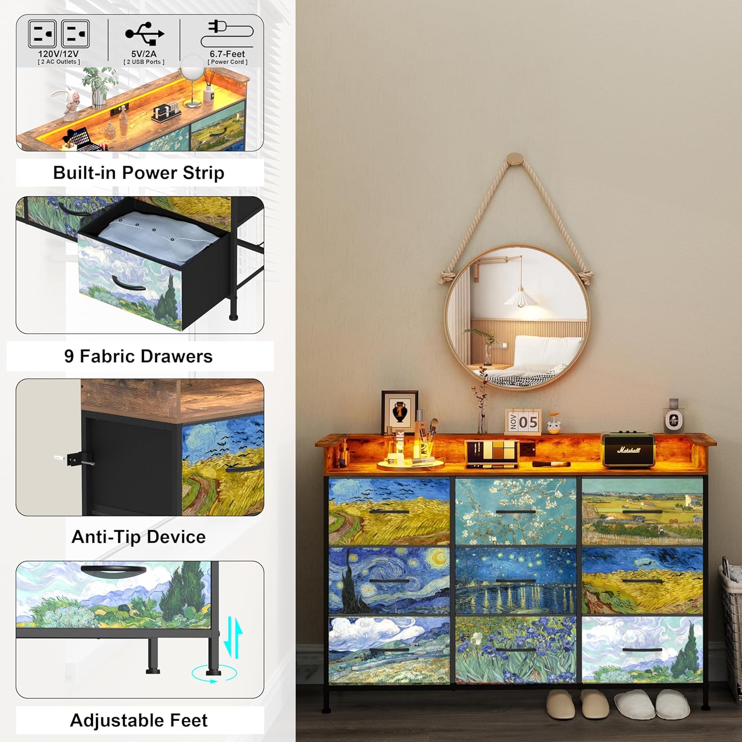 EXOTICA White Dresser with LED Light for Bedroom 9 Drawer Dressers with Charging Station Chests of Drawers for Entryway Closet Living Room Hallway Sturdy Steel Frame Wooden Top Easy Pull Handle