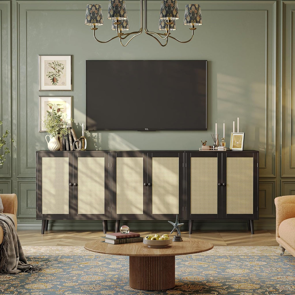 Huuger Buffet Cabinet with Storage, Storage Cabinet with PE Rattan Decor Doors, Accent Sideboard Buffet with Solid Wood Feet, for Hallway, Entry, Living Room, Natural