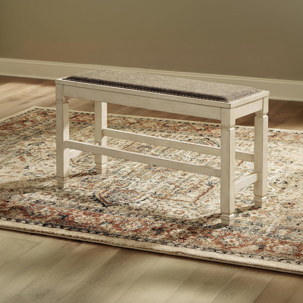 Signature Design by Ashley Bolanburg Casual French Country Upholstered Dining Room Bench with Nailhead Trim, Heavy Woven Fabric, Wood, Antique White & Tan