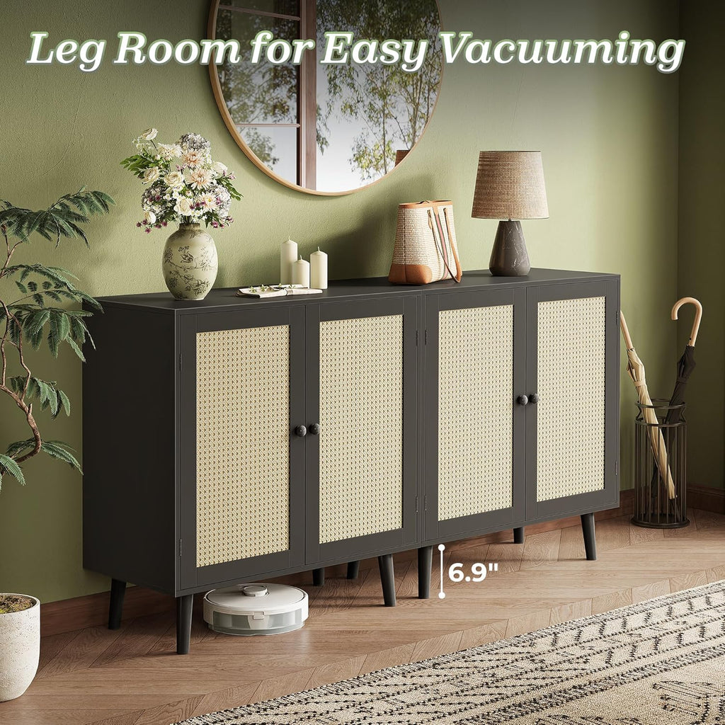 Huuger Buffet Cabinet with Storage, Storage Cabinet with PE Rattan Decor Doors, Accent Sideboard Buffet with Solid Wood Feet, for Hallway, Entry, Living Room, Natural