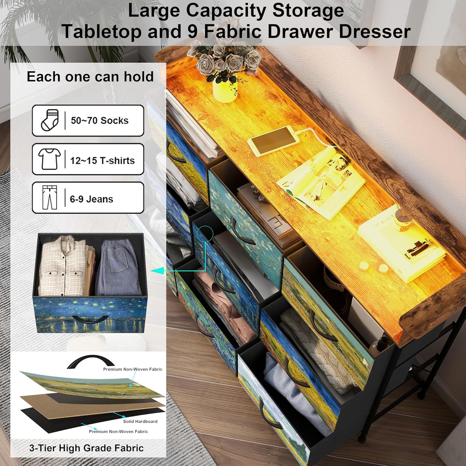 EXOTICA White Dresser with LED Light for Bedroom 9 Drawer Dressers with Charging Station Chests of Drawers for Entryway Closet Living Room Hallway Sturdy Steel Frame Wooden Top Easy Pull Handle