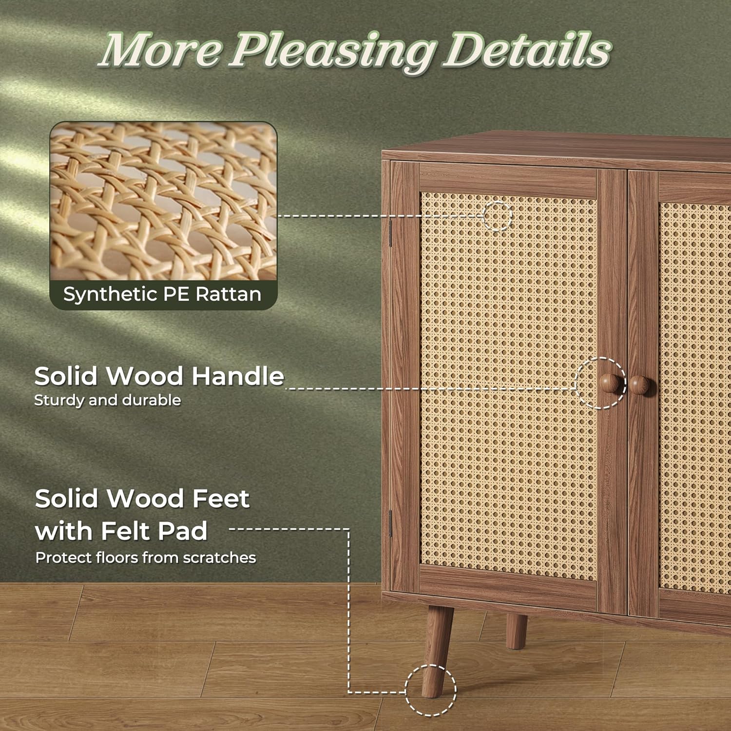 Huuger Buffet Cabinet with Storage, Storage Cabinet with PE Rattan Decor Doors, Accent Sideboard Buffet with Solid Wood Feet, for Hallway, Entry, Living Room, Natural