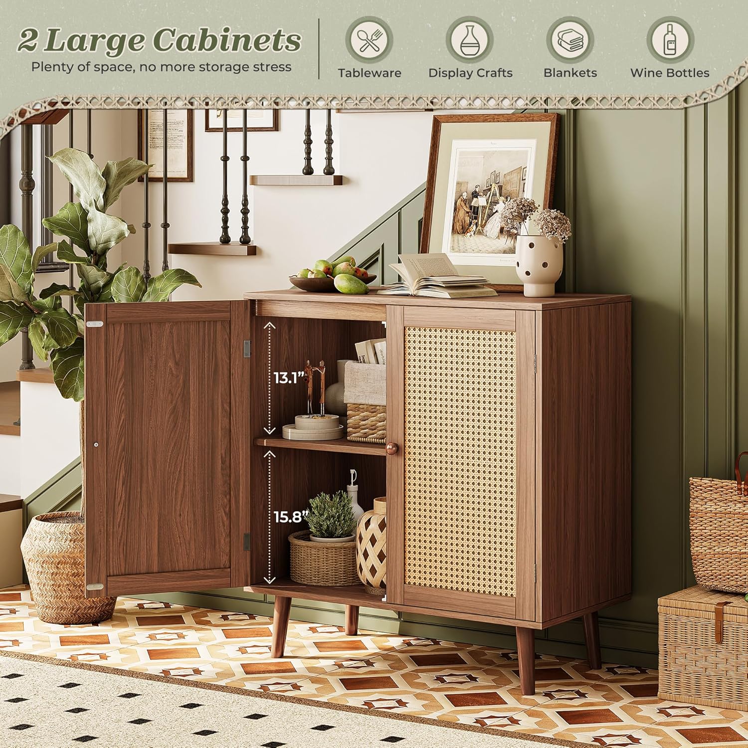 Huuger Buffet Cabinet with Storage, Storage Cabinet with PE Rattan Decor Doors, Accent Sideboard Buffet with Solid Wood Feet, for Hallway, Entry, Living Room, Natural