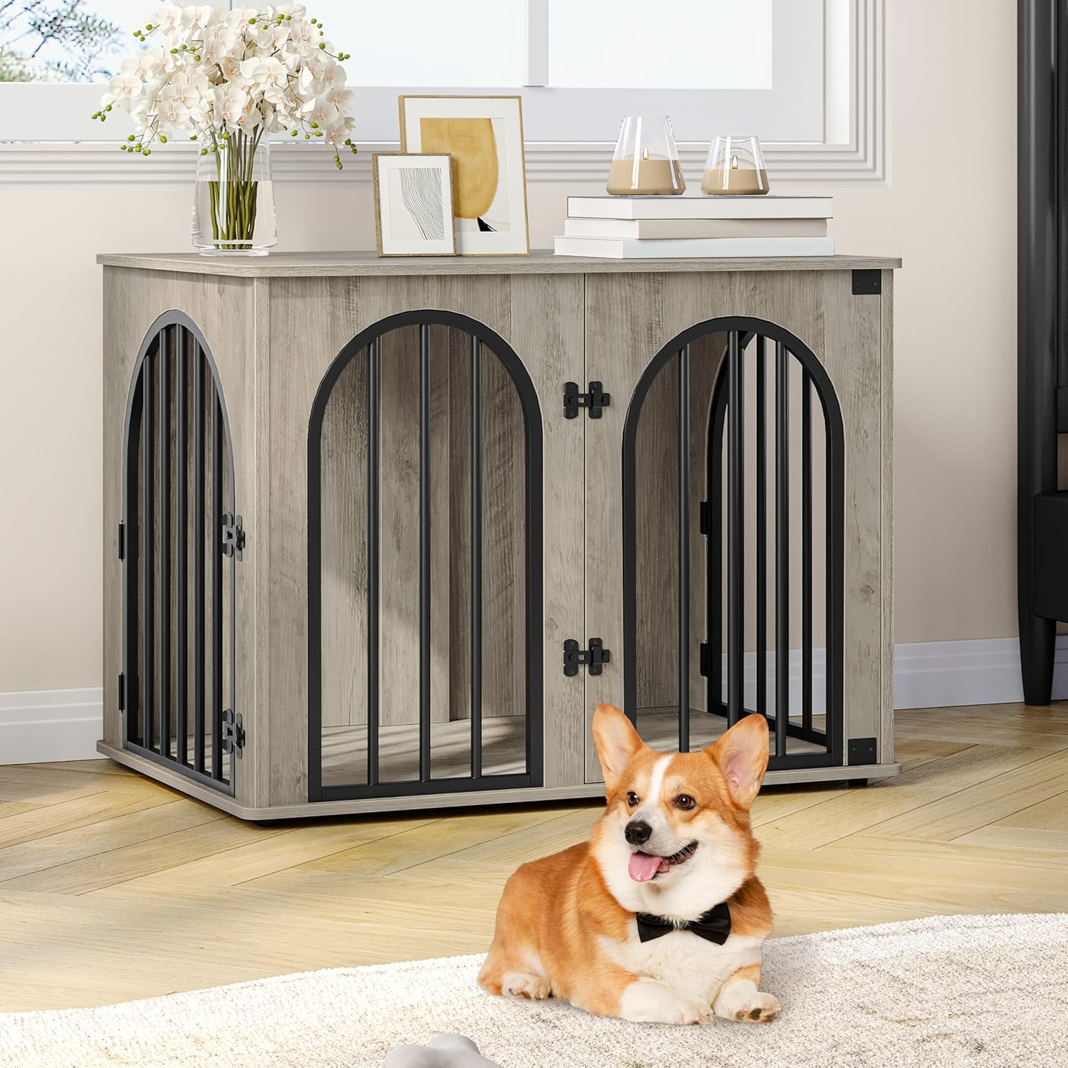 31.5'' Wooden Dog Crate Furniture, Indoor Dog Kennel Dogs Cage for Small/Medium Dogs, Heavy Duty Dog Crates Decorative Pet House End Side Table TV Stand, Rustic Brown DFC85101B