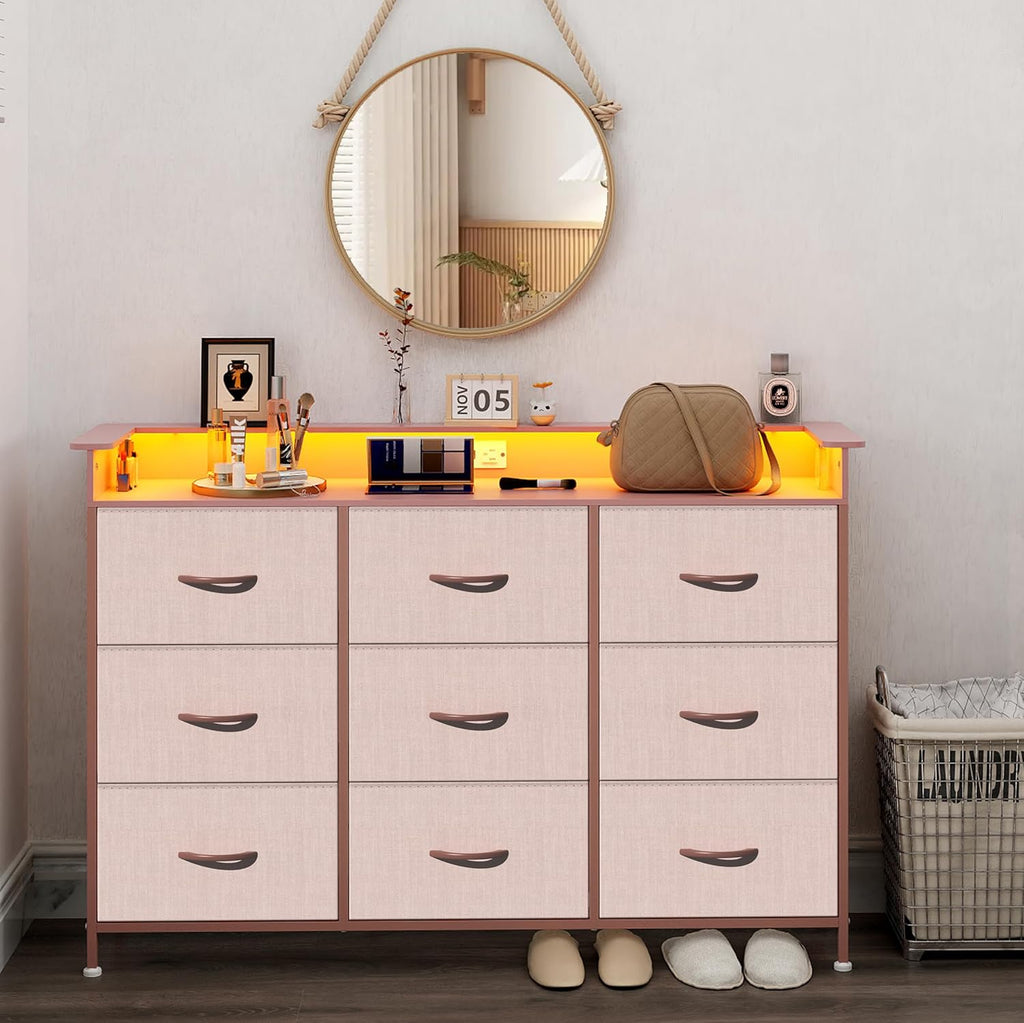 EXOTICA White Dresser with LED Light for Bedroom 9 Drawer Dressers with Charging Station Chests of Drawers for Entryway Closet Living Room Hallway Sturdy Steel Frame Wooden Top Easy Pull Handle