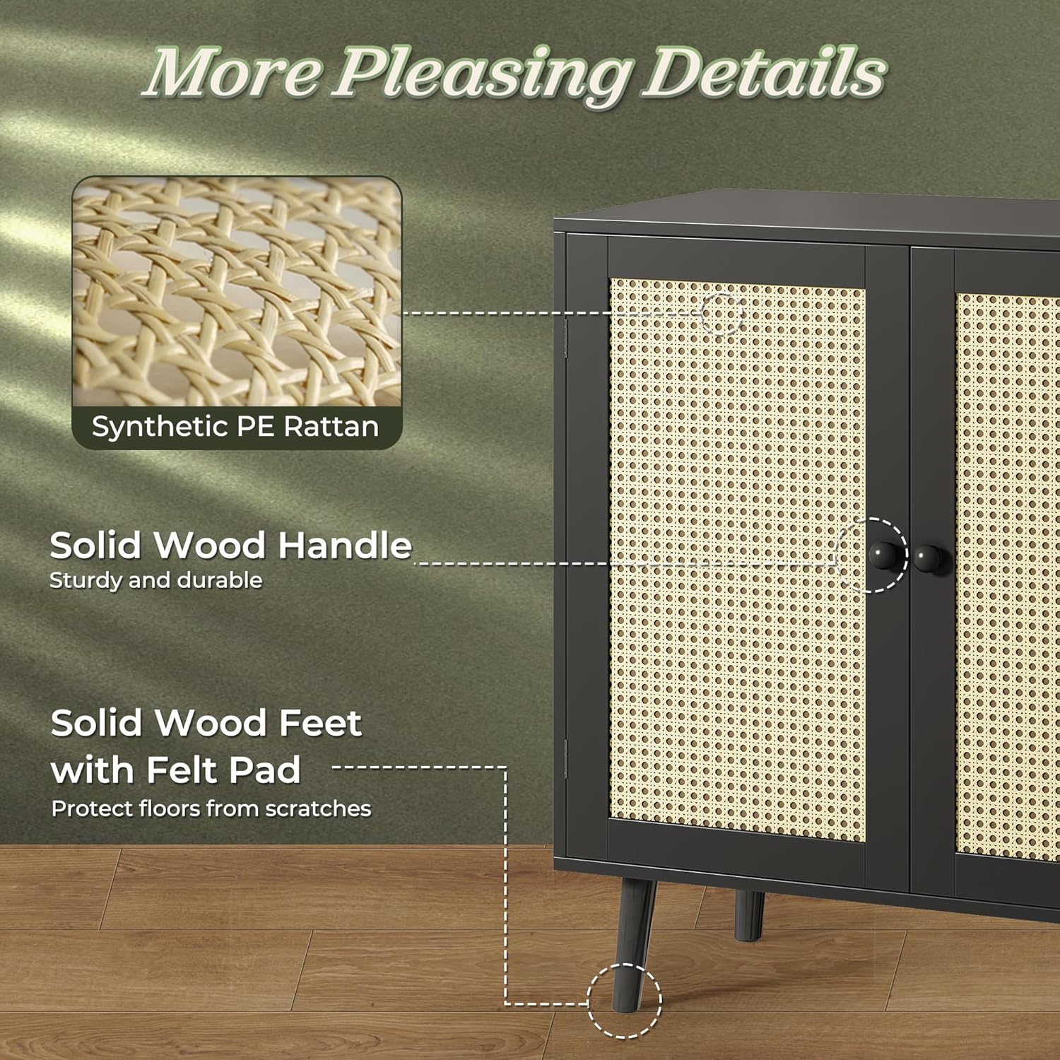 Huuger Buffet Cabinet with Storage, Storage Cabinet with PE Rattan Decor Doors, Accent Sideboard Buffet with Solid Wood Feet, for Hallway, Entry, Living Room, Natural