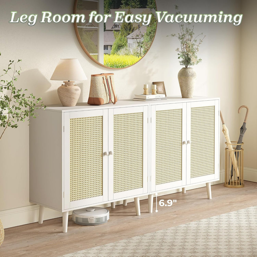 Huuger Buffet Cabinet with Storage, Storage Cabinet with PE Rattan Decor Doors, Accent Sideboard Buffet with Solid Wood Feet, for Hallway, Entry, Living Room, Natural