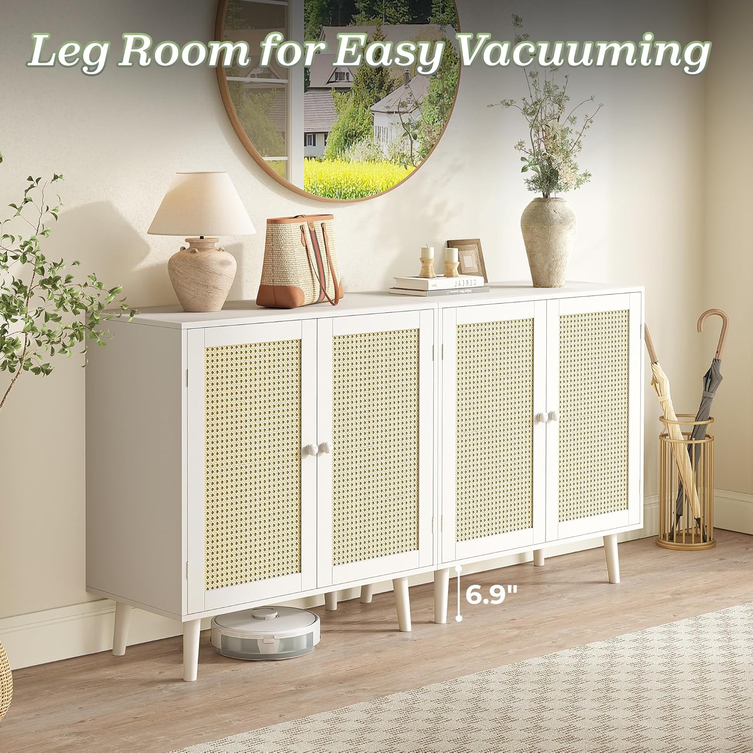 Huuger Buffet Cabinet with Storage, Storage Cabinet with PE Rattan Decor Doors, Accent Sideboard Buffet with Solid Wood Feet, for Hallway, Entry, Living Room, Natural