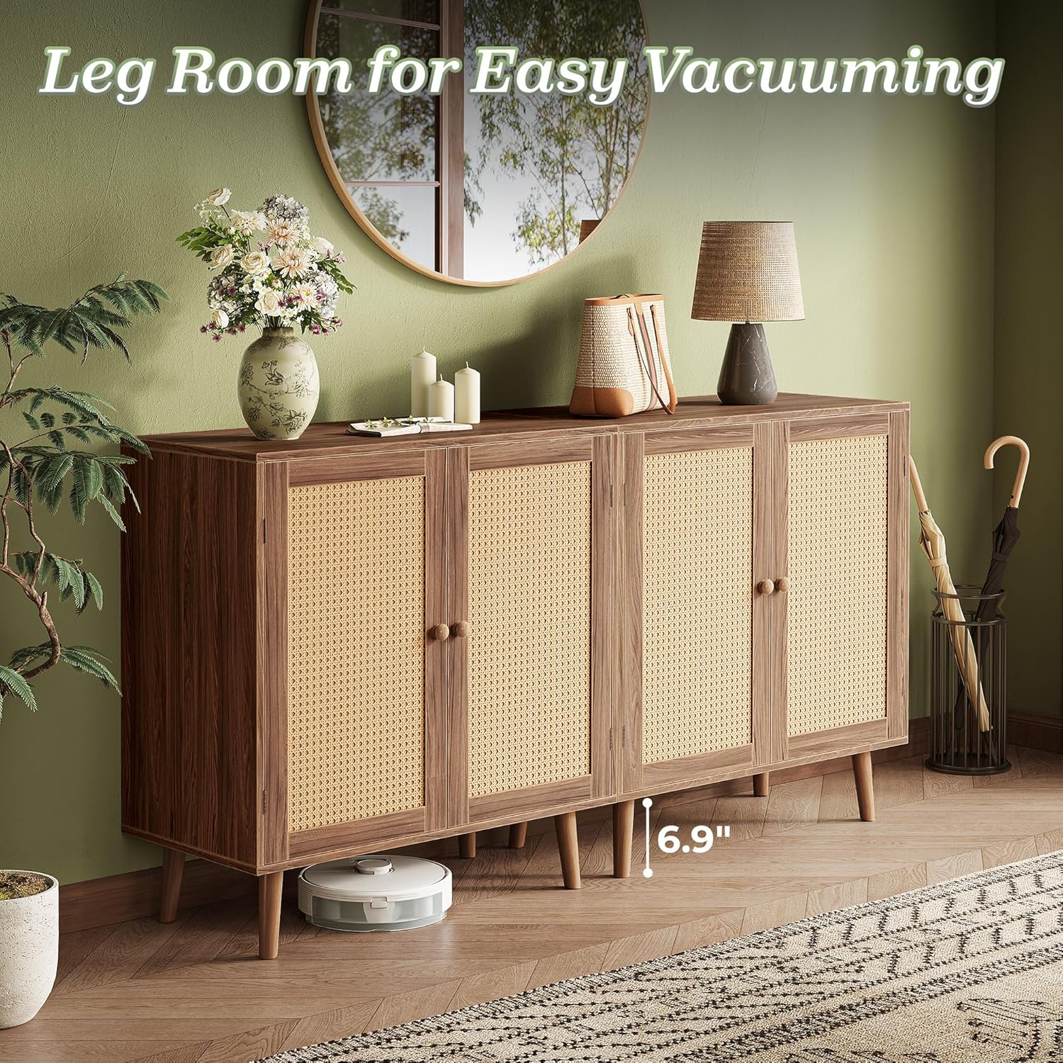 Huuger Buffet Cabinet with Storage, Storage Cabinet with PE Rattan Decor Doors, Accent Sideboard Buffet with Solid Wood Feet, for Hallway, Entry, Living Room, Natural