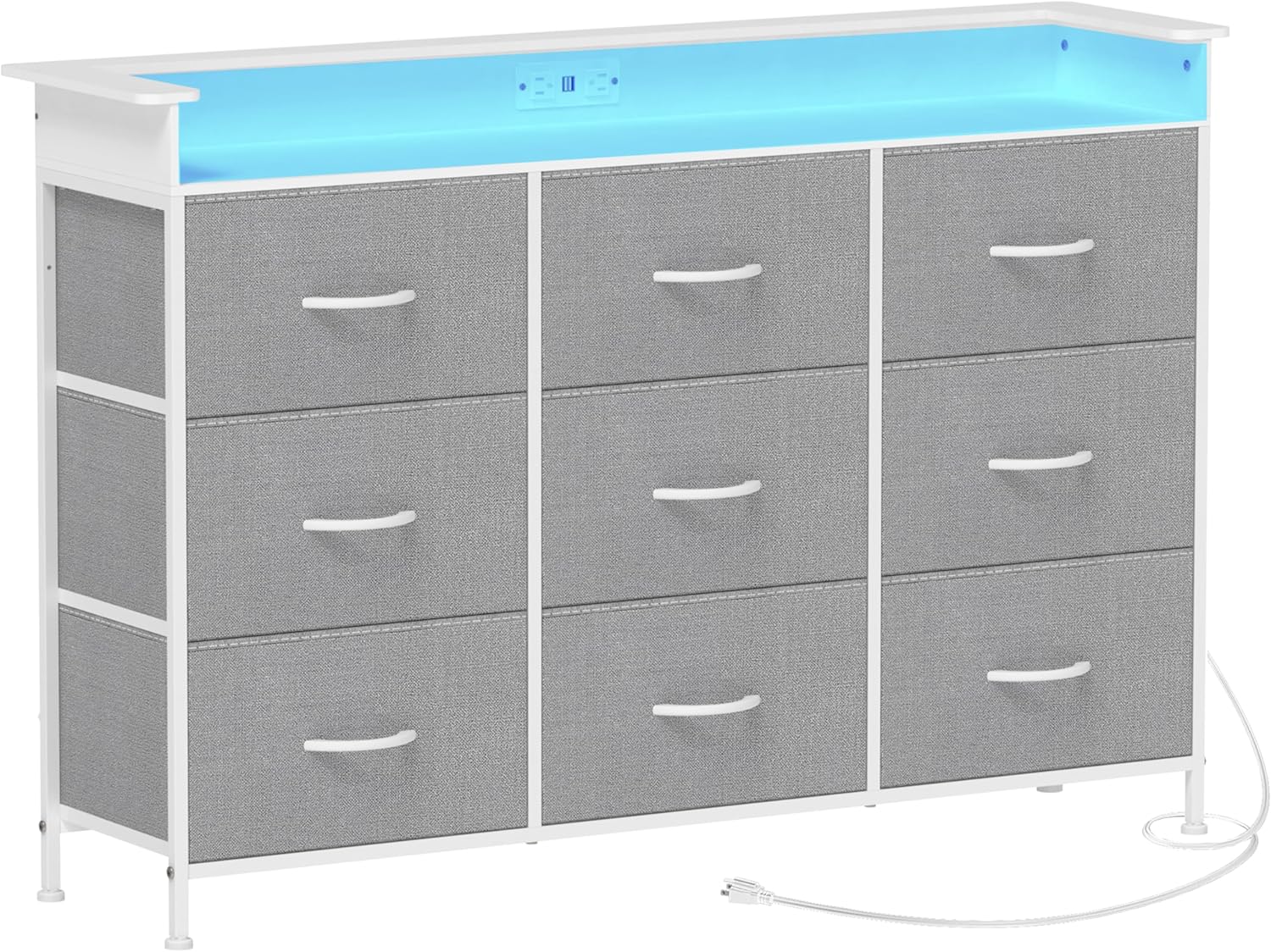 EXOTICA White Dresser with LED Light for Bedroom 9 Drawer Dressers with Charging Station Chests of Drawers for Entryway Closet Living Room Hallway Sturdy Steel Frame Wooden Top Easy Pull Handle