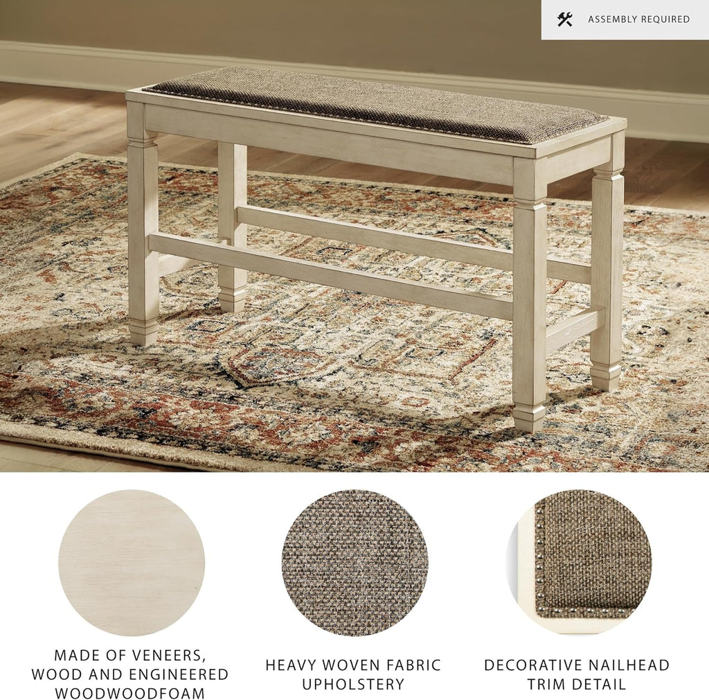 Signature Design by Ashley Bolanburg Casual French Country Upholstered Dining Room Bench with Nailhead Trim, Heavy Woven Fabric, Wood, Antique White & Tan