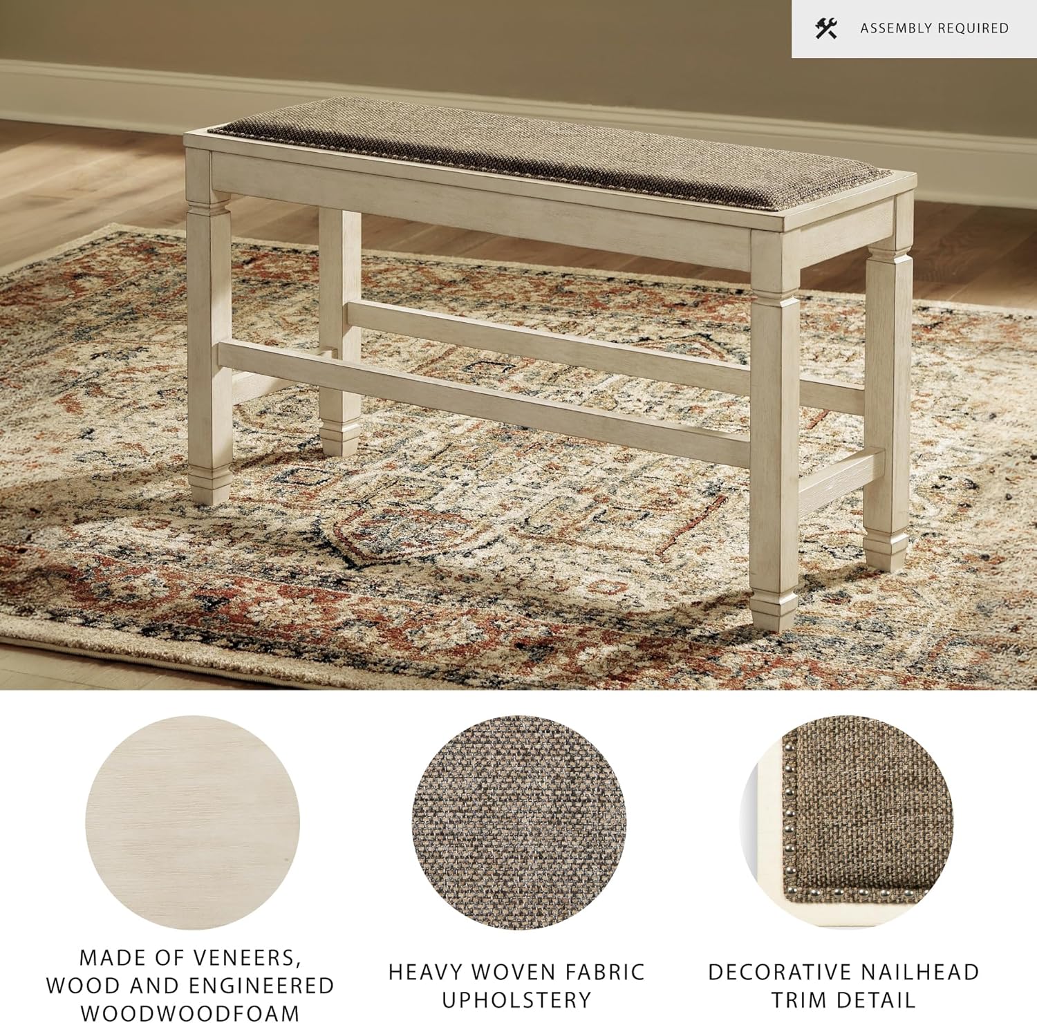 Signature Design by Ashley Bolanburg Casual French Country Upholstered Dining Room Bench with Nailhead Trim, Heavy Woven Fabric, Wood, Antique White & Tan