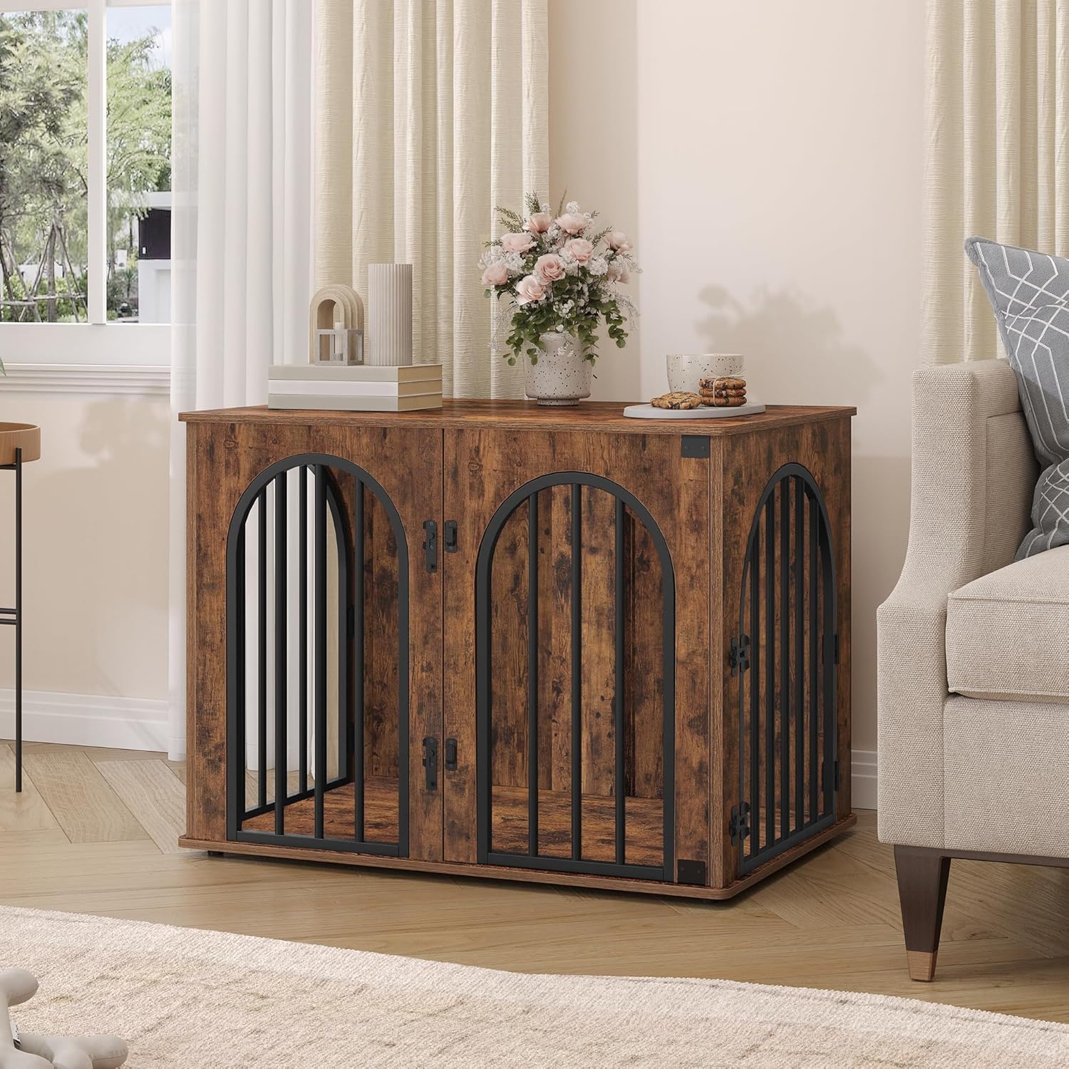 31.5'' Wooden Dog Crate Furniture, Indoor Dog Kennel Dogs Cage for Small/Medium Dogs, Heavy Duty Dog Crates Decorative Pet House End Side Table TV Stand, Rustic Brown DFC85101B