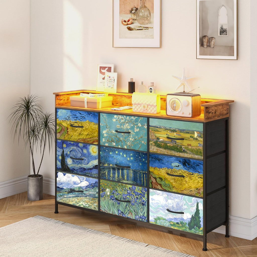 EXOTICA White Dresser with LED Light for Bedroom 9 Drawer Dressers with Charging Station Chests of Drawers for Entryway Closet Living Room Hallway Sturdy Steel Frame Wooden Top Easy Pull Handle