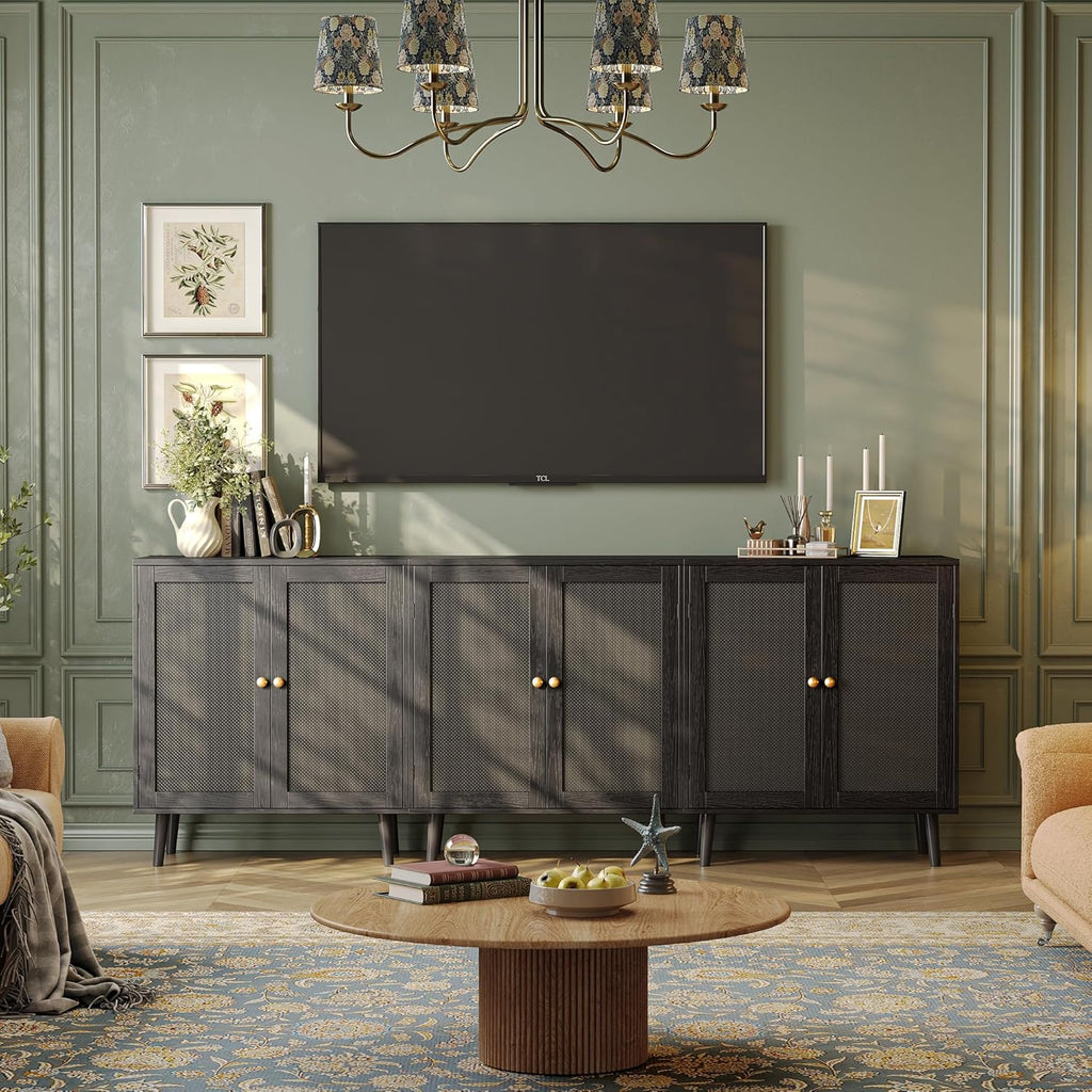 Huuger Buffet Cabinet with Storage, Storage Cabinet with PE Rattan Decor Doors, Accent Sideboard Buffet with Solid Wood Feet, for Hallway, Entry, Living Room, Natural