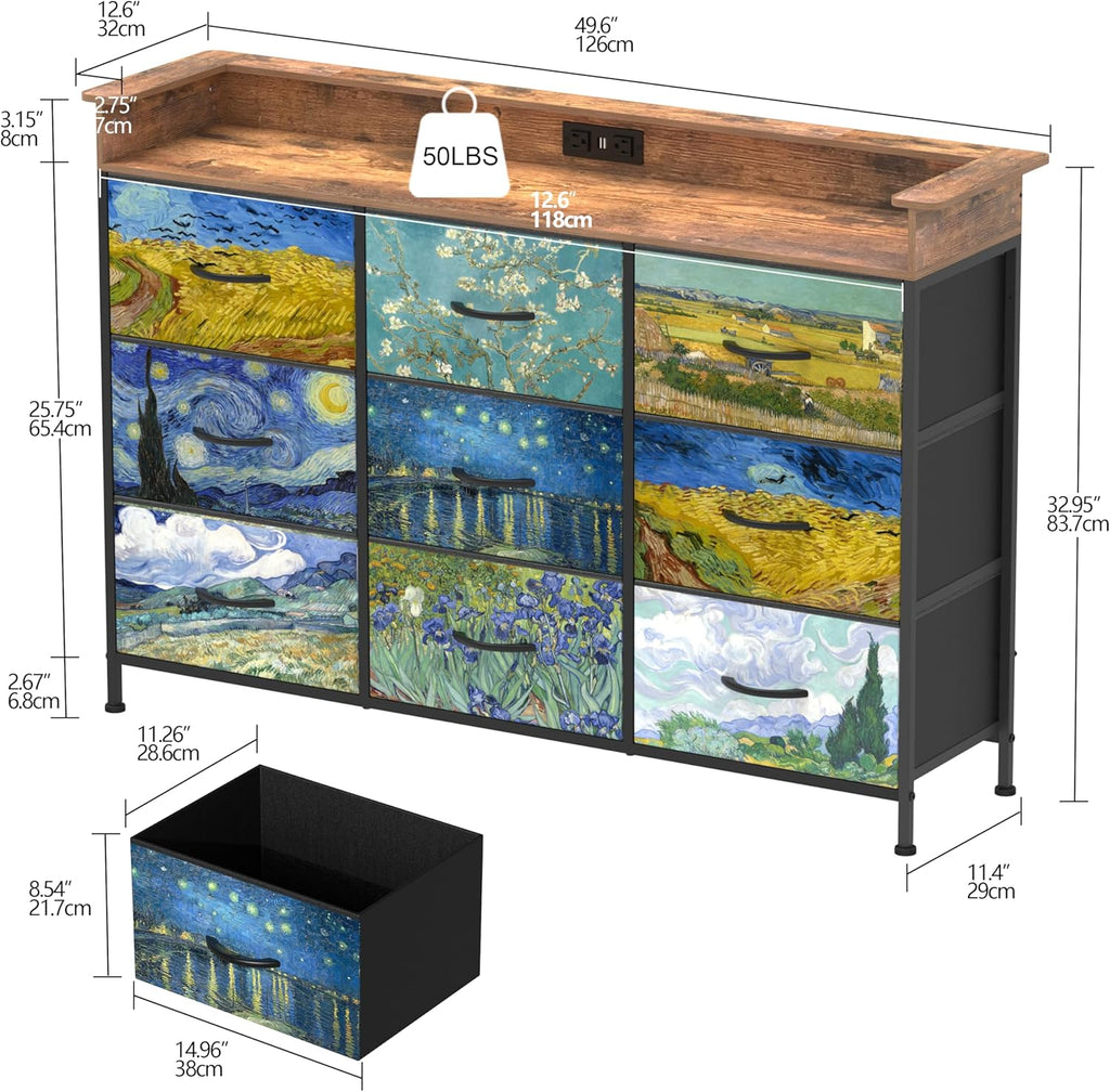 EXOTICA White Dresser with LED Light for Bedroom 9 Drawer Dressers with Charging Station Chests of Drawers for Entryway Closet Living Room Hallway Sturdy Steel Frame Wooden Top Easy Pull Handle