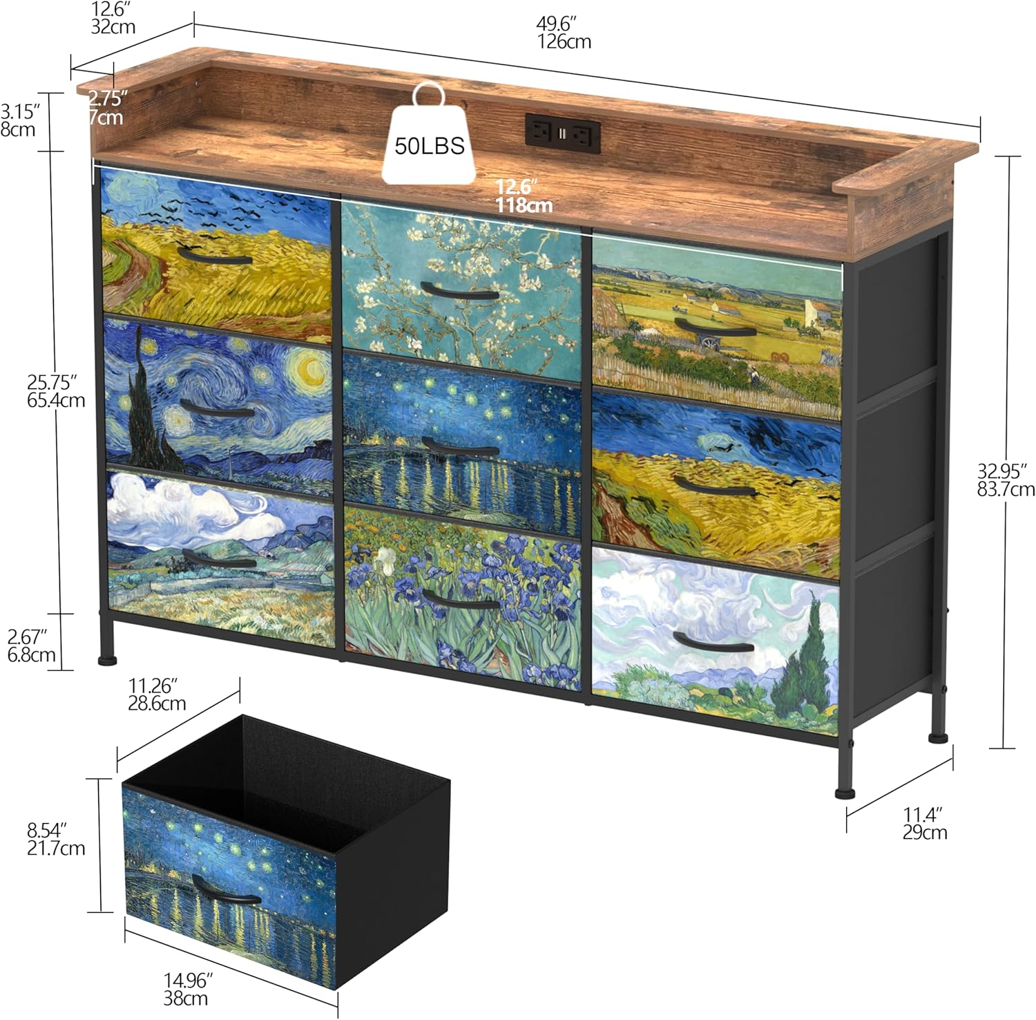 EXOTICA White Dresser with LED Light for Bedroom 9 Drawer Dressers with Charging Station Chests of Drawers for Entryway Closet Living Room Hallway Sturdy Steel Frame Wooden Top Easy Pull Handle