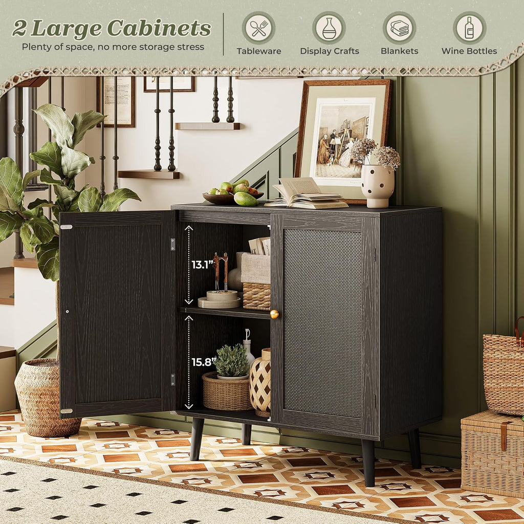 Huuger Buffet Cabinet with Storage, Storage Cabinet with PE Rattan Decor Doors, Accent Sideboard Buffet with Solid Wood Feet, for Hallway, Entry, Living Room, Natural