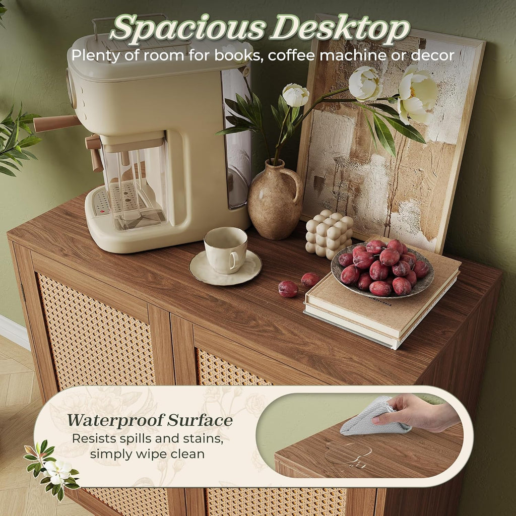 Huuger Buffet Cabinet with Storage, Storage Cabinet with PE Rattan Decor Doors, Accent Sideboard Buffet with Solid Wood Feet, for Hallway, Entry, Living Room, Natural