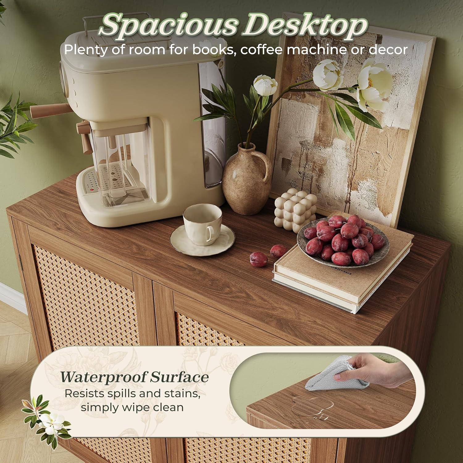 Huuger Buffet Cabinet with Storage, Storage Cabinet with PE Rattan Decor Doors, Accent Sideboard Buffet with Solid Wood Feet, for Hallway, Entry, Living Room, Natural