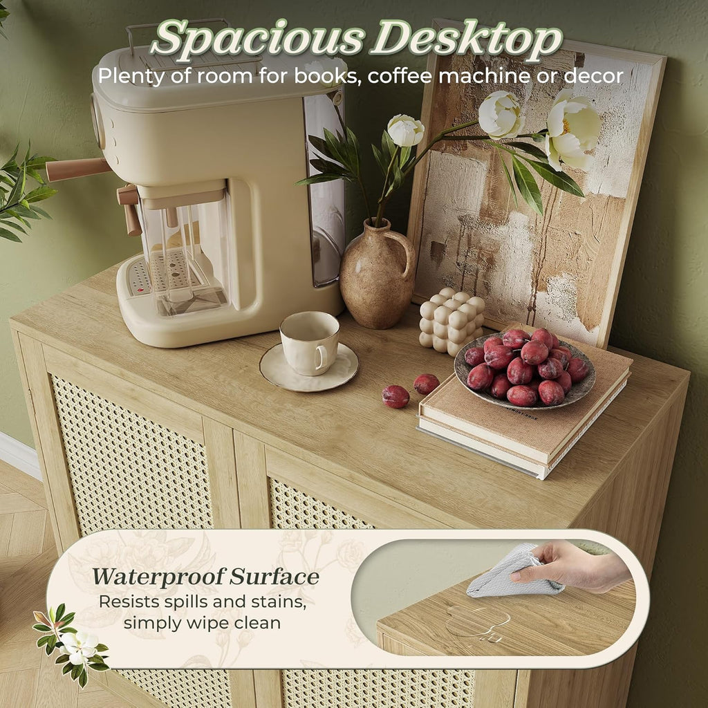 Huuger Buffet Cabinet with Storage, Storage Cabinet with PE Rattan Decor Doors, Accent Sideboard Buffet with Solid Wood Feet, for Hallway, Entry, Living Room, Natural