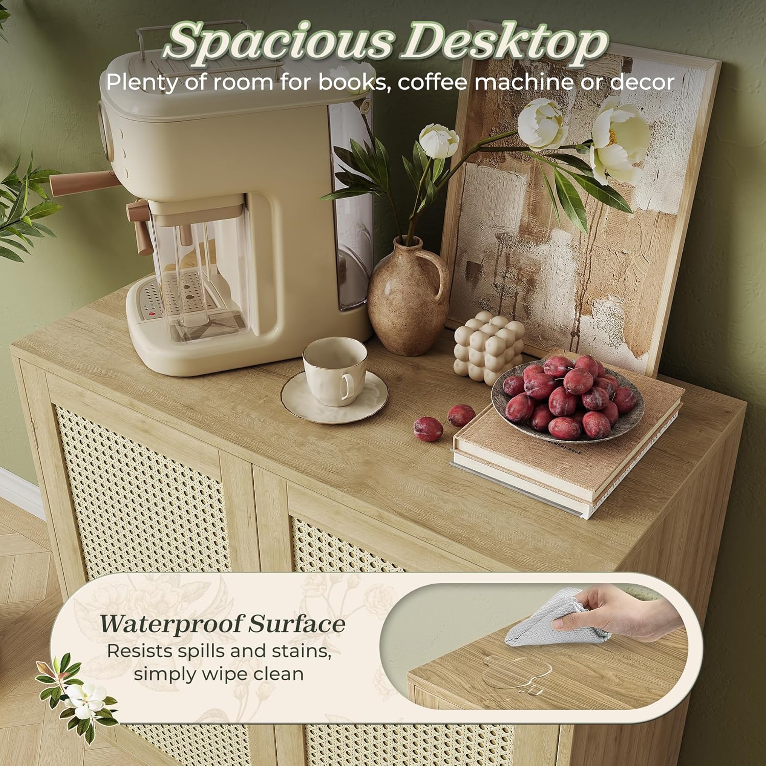 Huuger Buffet Cabinet with Storage, Storage Cabinet with PE Rattan Decor Doors, Accent Sideboard Buffet with Solid Wood Feet, for Hallway, Entry, Living Room, Natural