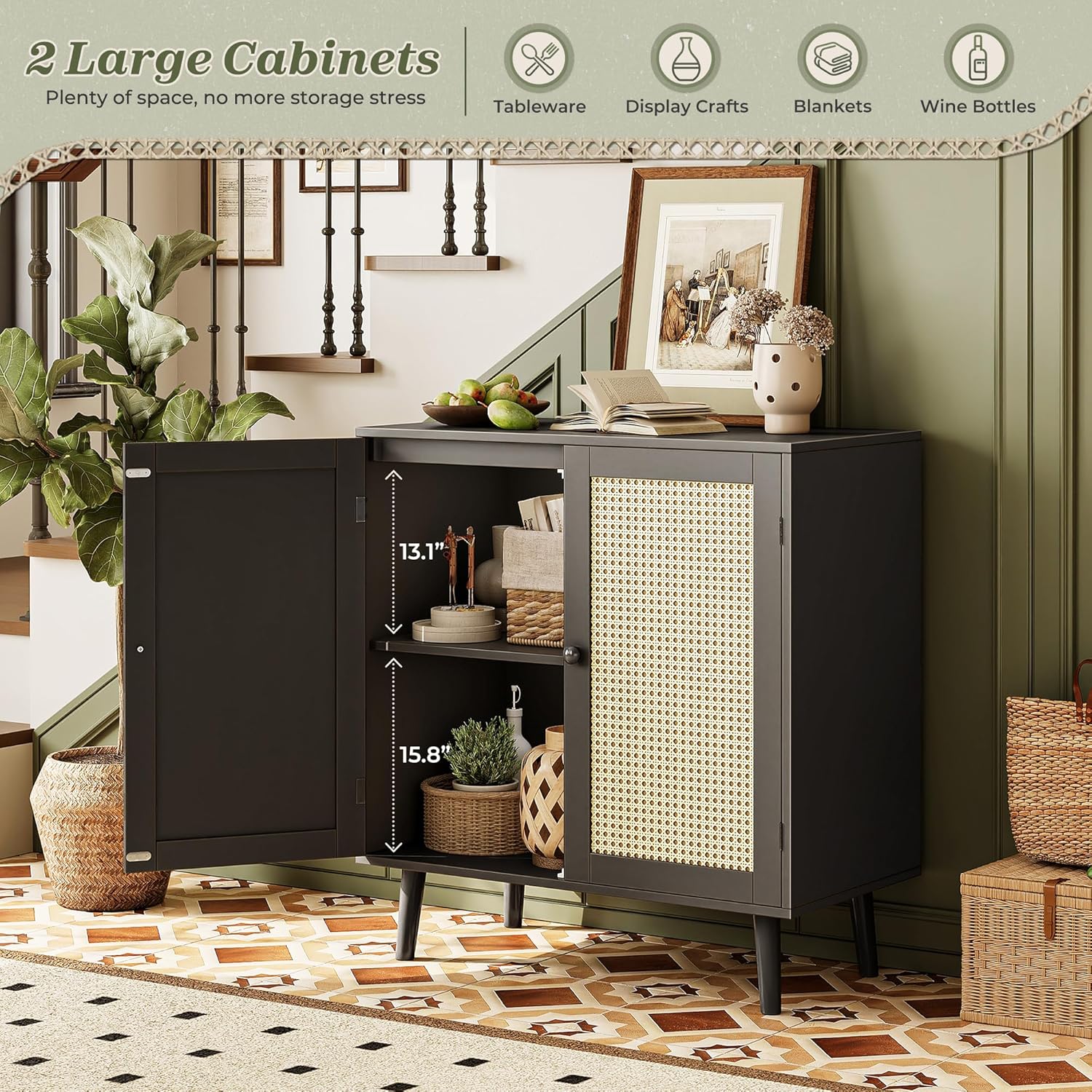 Huuger Buffet Cabinet with Storage, Storage Cabinet with PE Rattan Decor Doors, Accent Sideboard Buffet with Solid Wood Feet, for Hallway, Entry, Living Room, Natural