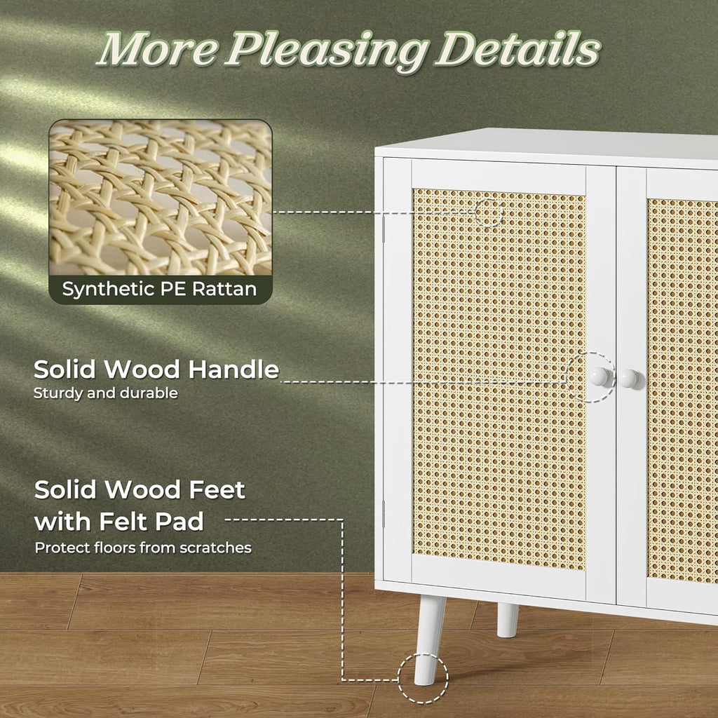 Huuger Buffet Cabinet with Storage, Storage Cabinet with PE Rattan Decor Doors, Accent Sideboard Buffet with Solid Wood Feet, for Hallway, Entry, Living Room, Natural