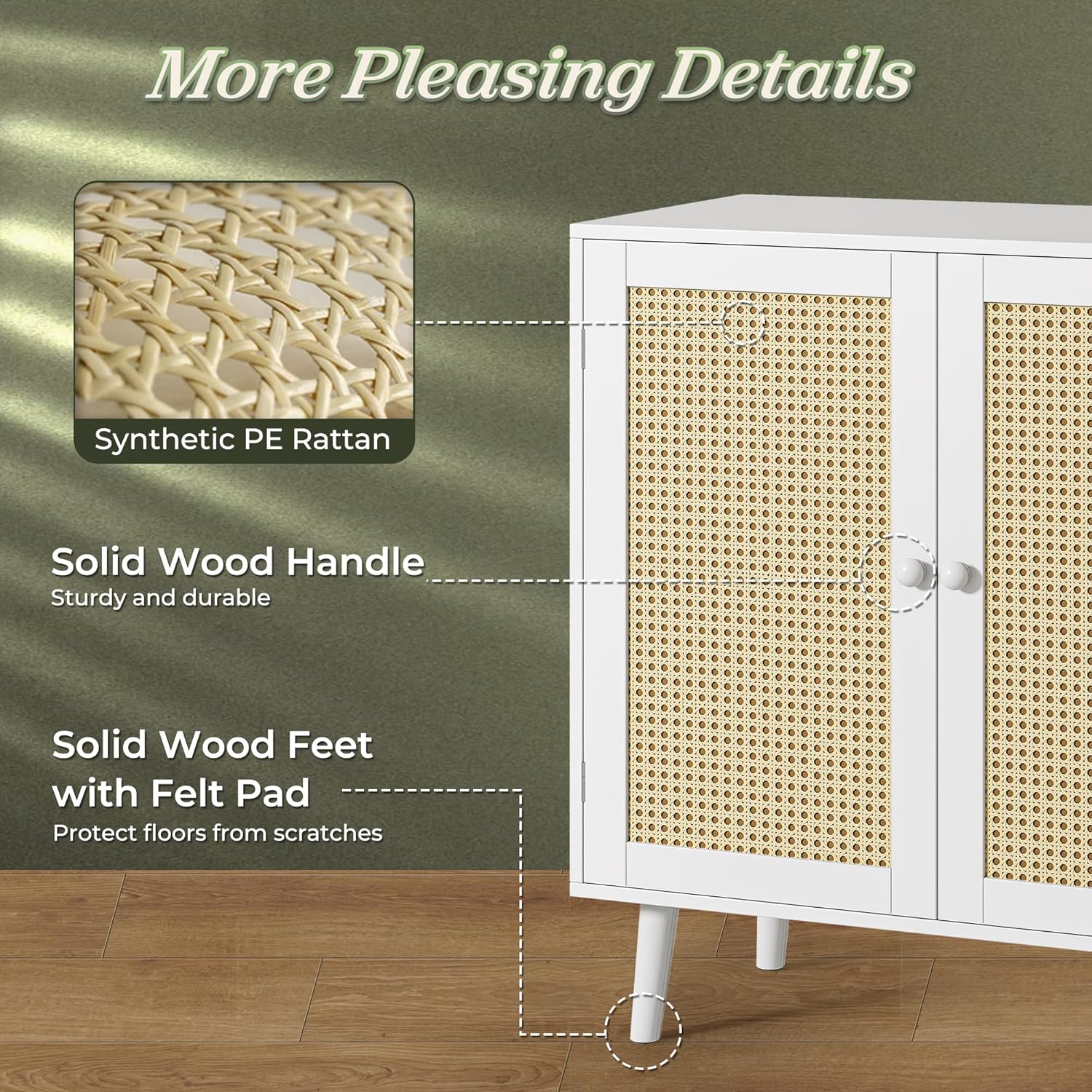 Huuger Buffet Cabinet with Storage, Storage Cabinet with PE Rattan Decor Doors, Accent Sideboard Buffet with Solid Wood Feet, for Hallway, Entry, Living Room, Natural