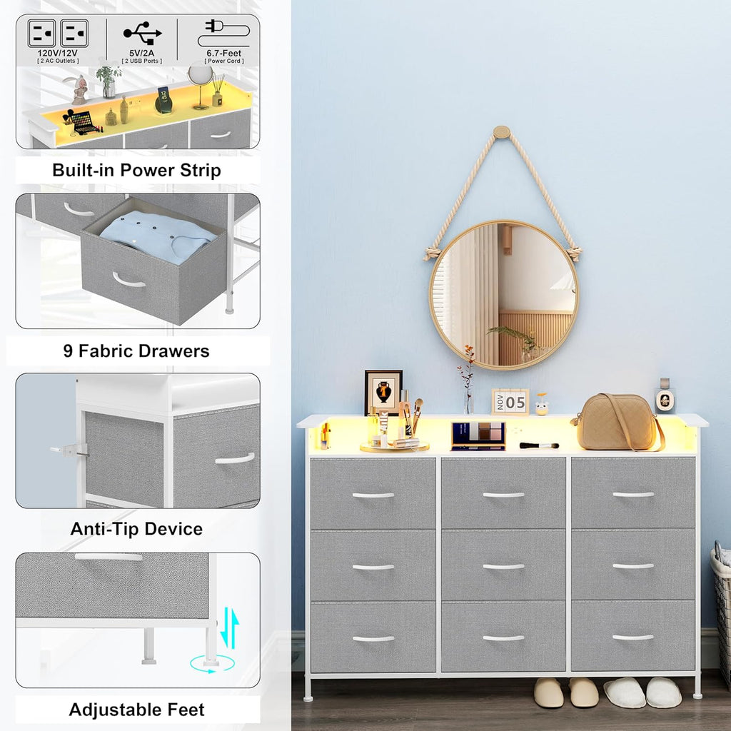 EXOTICA White Dresser with LED Light for Bedroom 9 Drawer Dressers with Charging Station Chests of Drawers for Entryway Closet Living Room Hallway Sturdy Steel Frame Wooden Top Easy Pull Handle