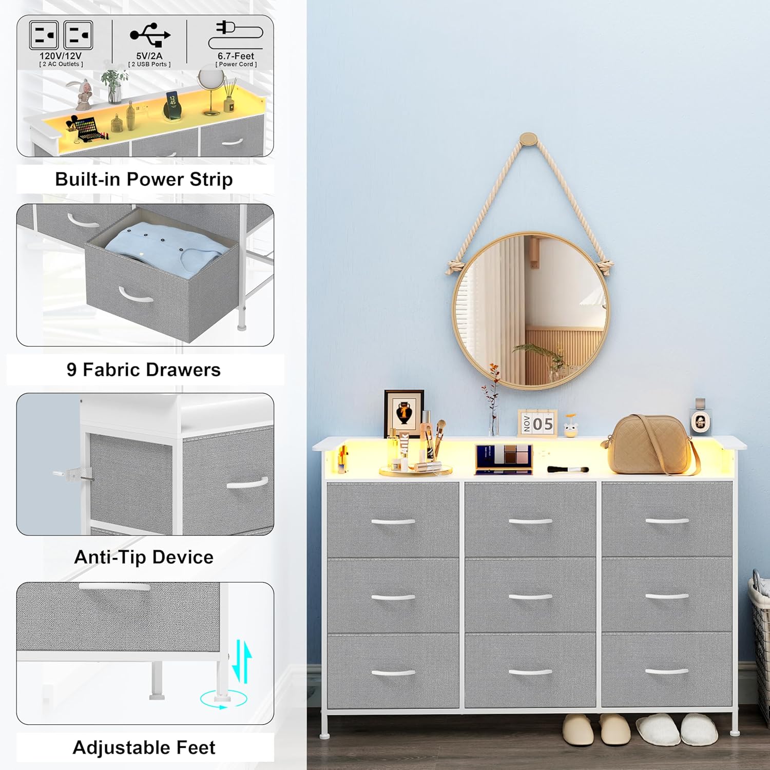 EXOTICA White Dresser with LED Light for Bedroom 9 Drawer Dressers with Charging Station Chests of Drawers for Entryway Closet Living Room Hallway Sturdy Steel Frame Wooden Top Easy Pull Handle