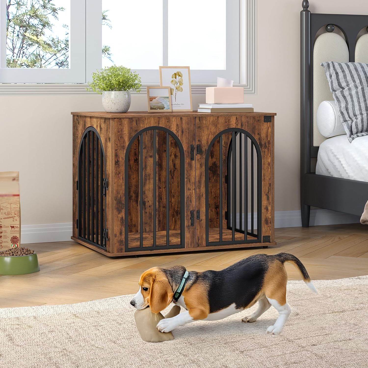 31.5'' Wooden Dog Crate Furniture, Indoor Dog Kennel Dogs Cage for Small/Medium Dogs, Heavy Duty Dog Crates Decorative Pet House End Side Table TV Stand, Rustic Brown DFC85101B