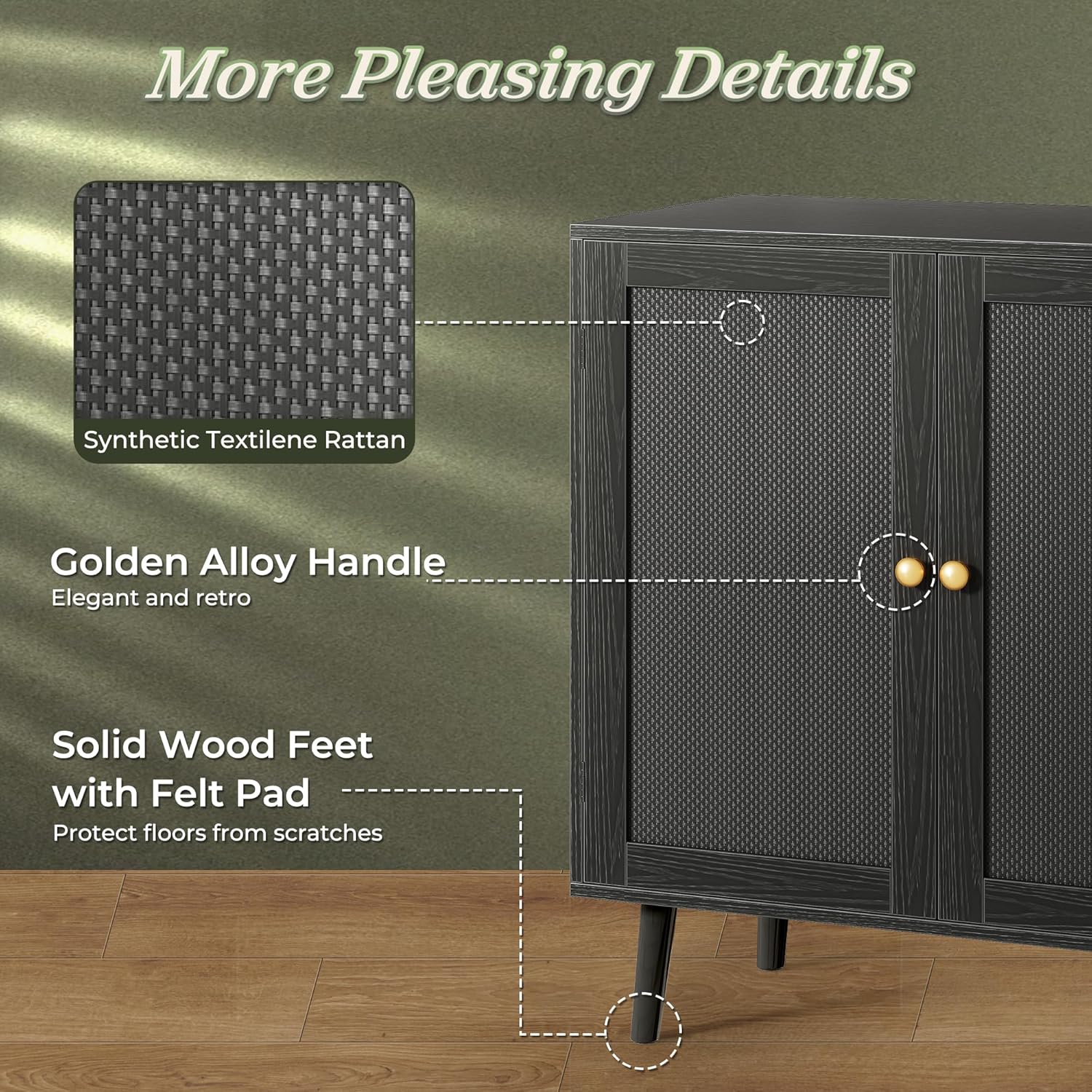 Huuger Buffet Cabinet with Storage, Storage Cabinet with PE Rattan Decor Doors, Accent Sideboard Buffet with Solid Wood Feet, for Hallway, Entry, Living Room, Natural