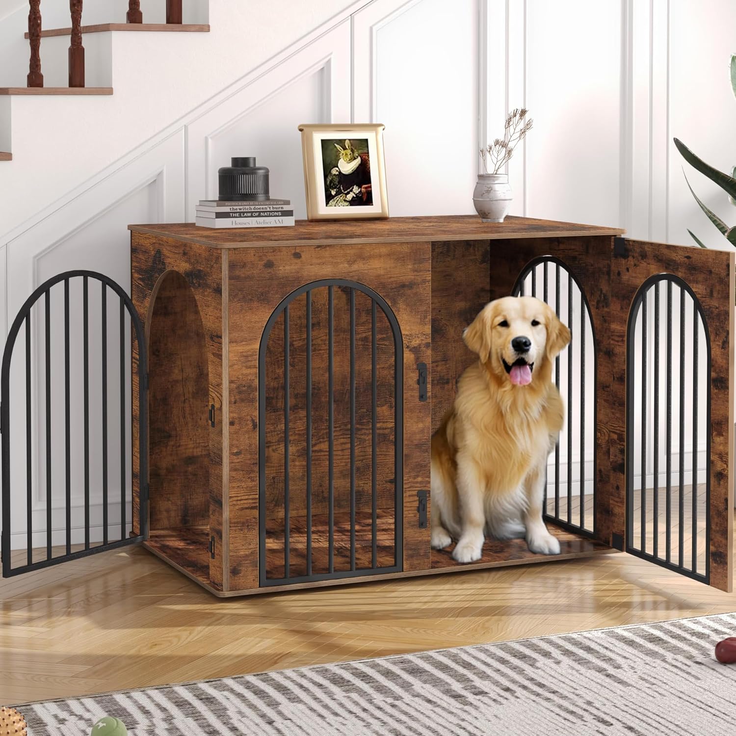 31.5'' Wooden Dog Crate Furniture, Indoor Dog Kennel Dogs Cage for Small/Medium Dogs, Heavy Duty Dog Crates Decorative Pet House End Side Table TV Stand, Rustic Brown DFC85101B