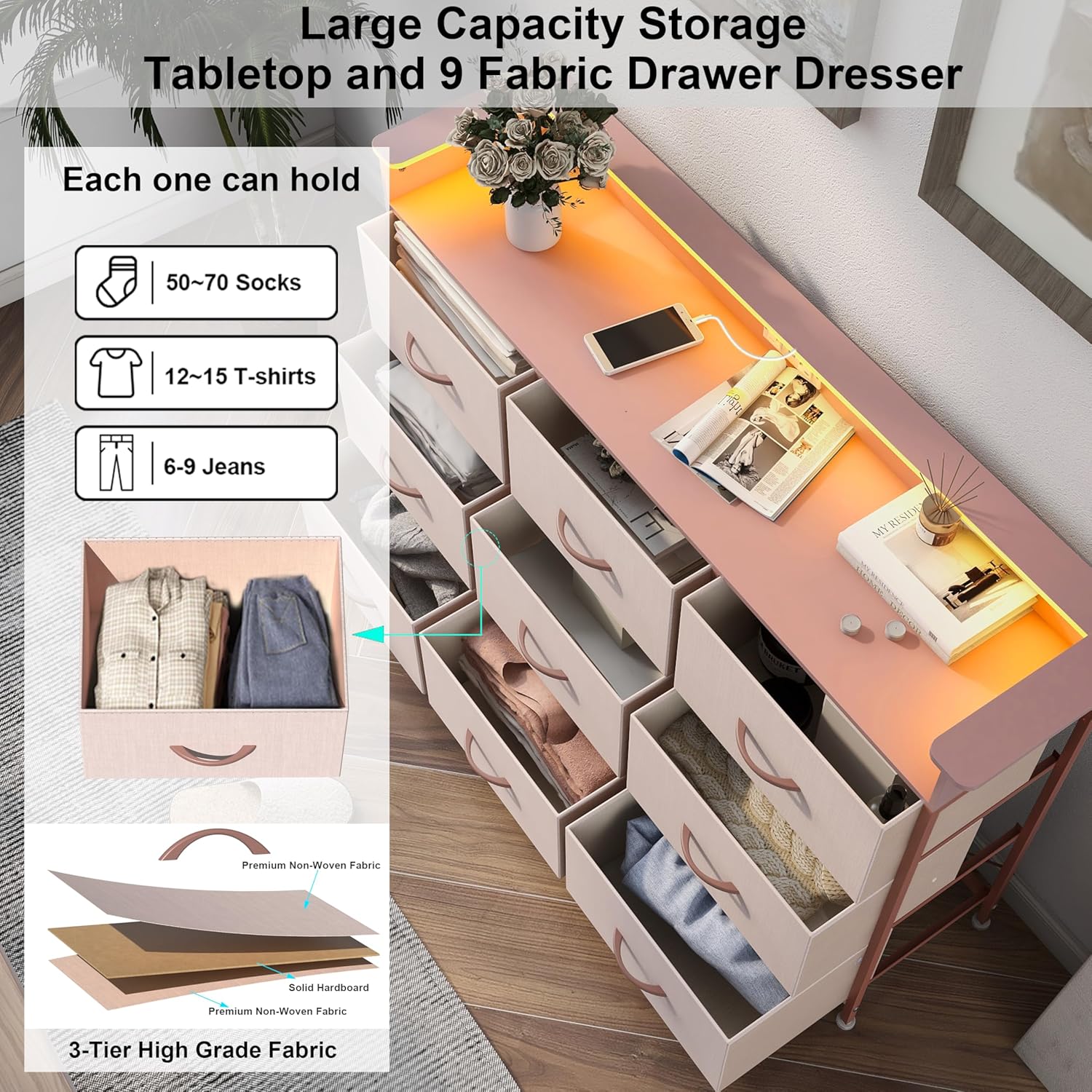 EXOTICA White Dresser with LED Light for Bedroom 9 Drawer Dressers with Charging Station Chests of Drawers for Entryway Closet Living Room Hallway Sturdy Steel Frame Wooden Top Easy Pull Handle