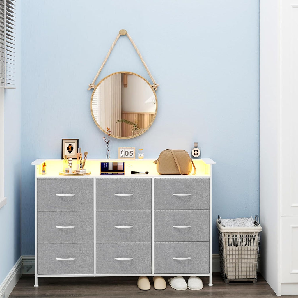 EXOTICA White Dresser with LED Light for Bedroom 9 Drawer Dressers with Charging Station Chests of Drawers for Entryway Closet Living Room Hallway Sturdy Steel Frame Wooden Top Easy Pull Handle