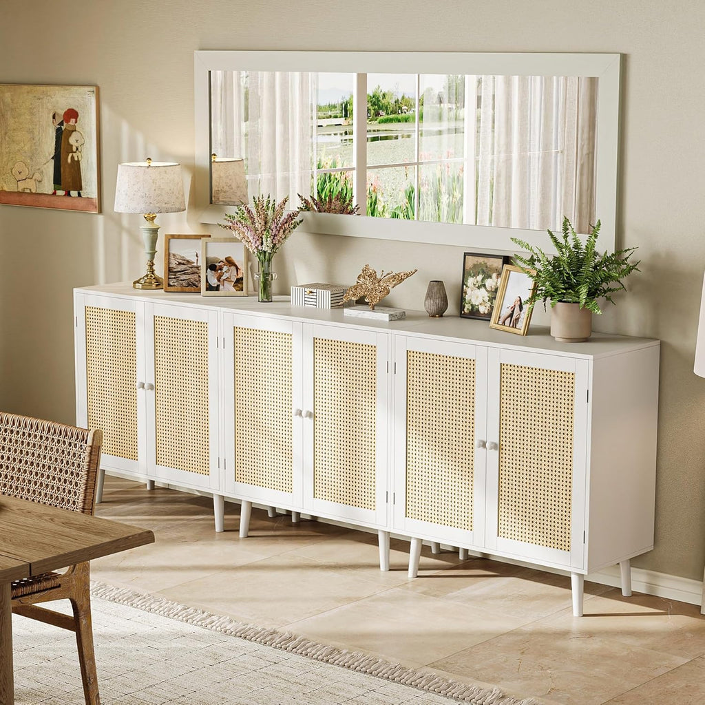 Huuger Buffet Cabinet with Storage, Storage Cabinet with PE Rattan Decor Doors, Accent Sideboard Buffet with Solid Wood Feet, for Hallway, Entry, Living Room, Natural