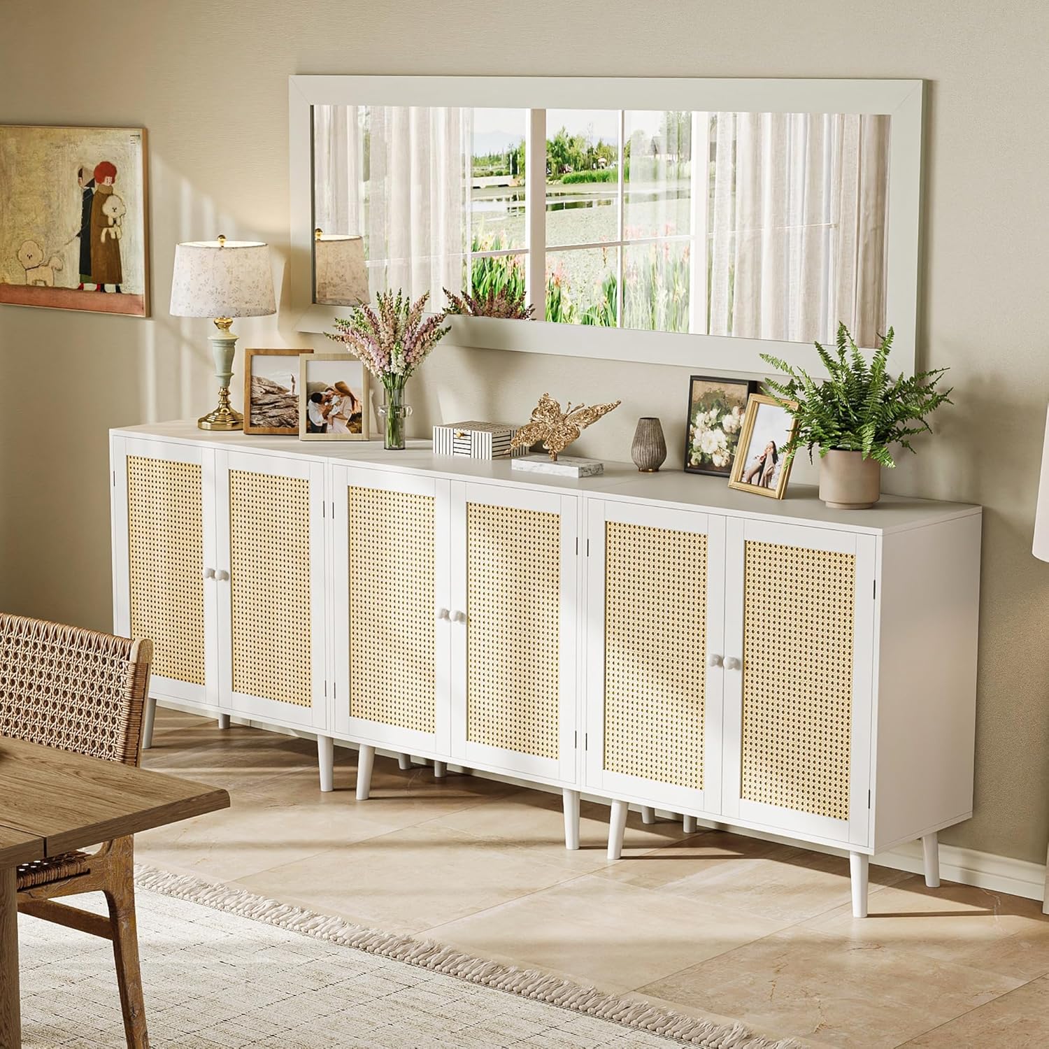 Huuger Buffet Cabinet with Storage, Storage Cabinet with PE Rattan Decor Doors, Accent Sideboard Buffet with Solid Wood Feet, for Hallway, Entry, Living Room, Natural