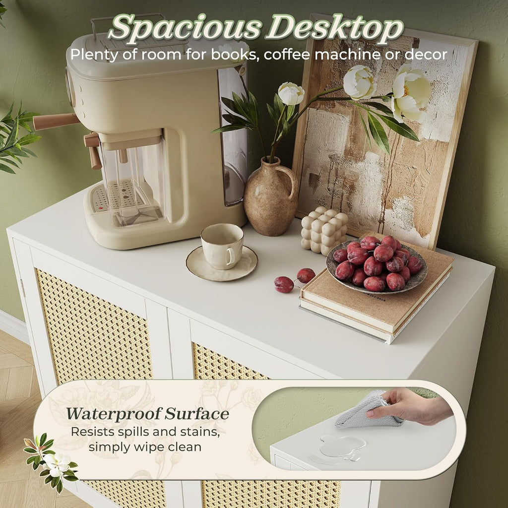 Huuger Buffet Cabinet with Storage, Storage Cabinet with PE Rattan Decor Doors, Accent Sideboard Buffet with Solid Wood Feet, for Hallway, Entry, Living Room, Natural