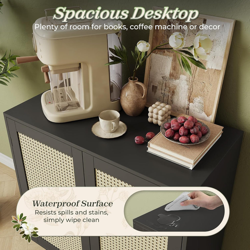 Huuger Buffet Cabinet with Storage, Storage Cabinet with PE Rattan Decor Doors, Accent Sideboard Buffet with Solid Wood Feet, for Hallway, Entry, Living Room, Natural